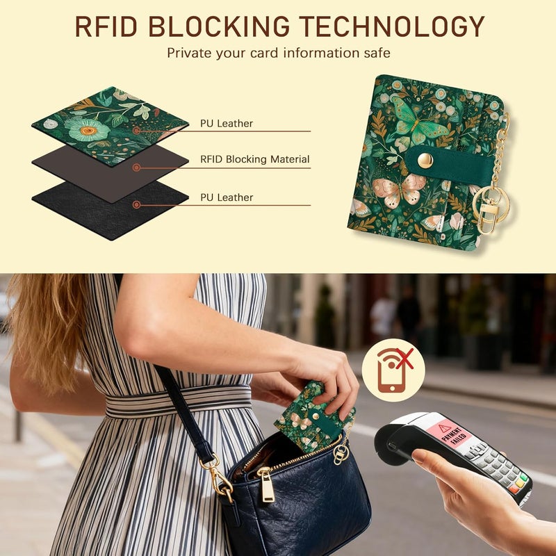 Jogjam Butterfly Green Rfid Women Wallet, Small Slim Thin Compact Credit Card Wallet, PU Leather Bifold Cash Wallet, Zipper Coin Pocket ID Window, Female Ladies Girl Gifts - Image 3